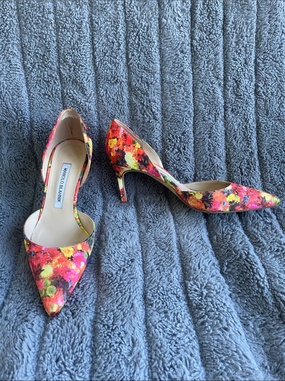 Manolo Blahnik Floral Pointed-Toe D'Orsay Pumps in Pink and Yellow